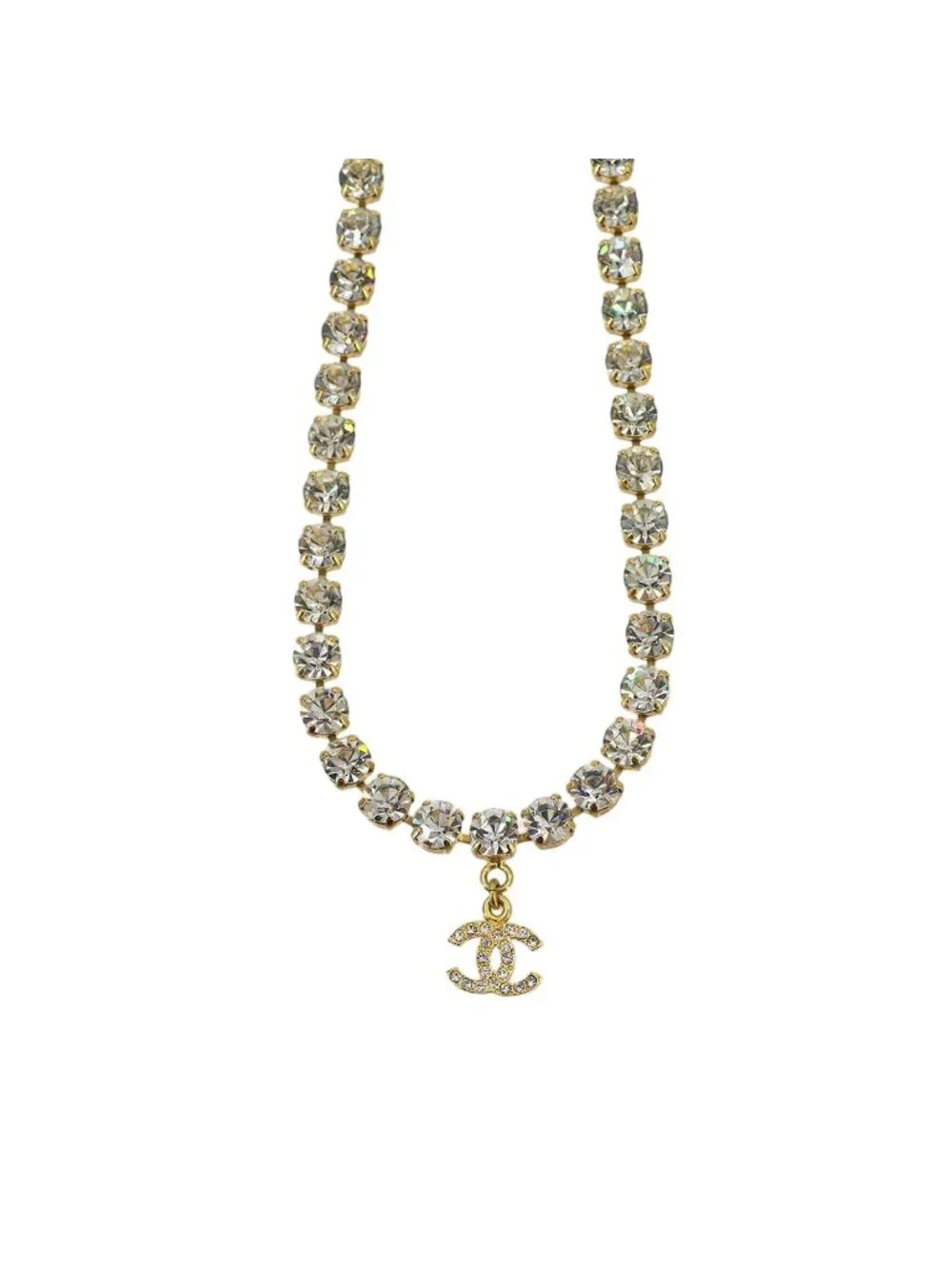 Chanel 96A CC Logo Rhinestone Necklace Gold Vintage